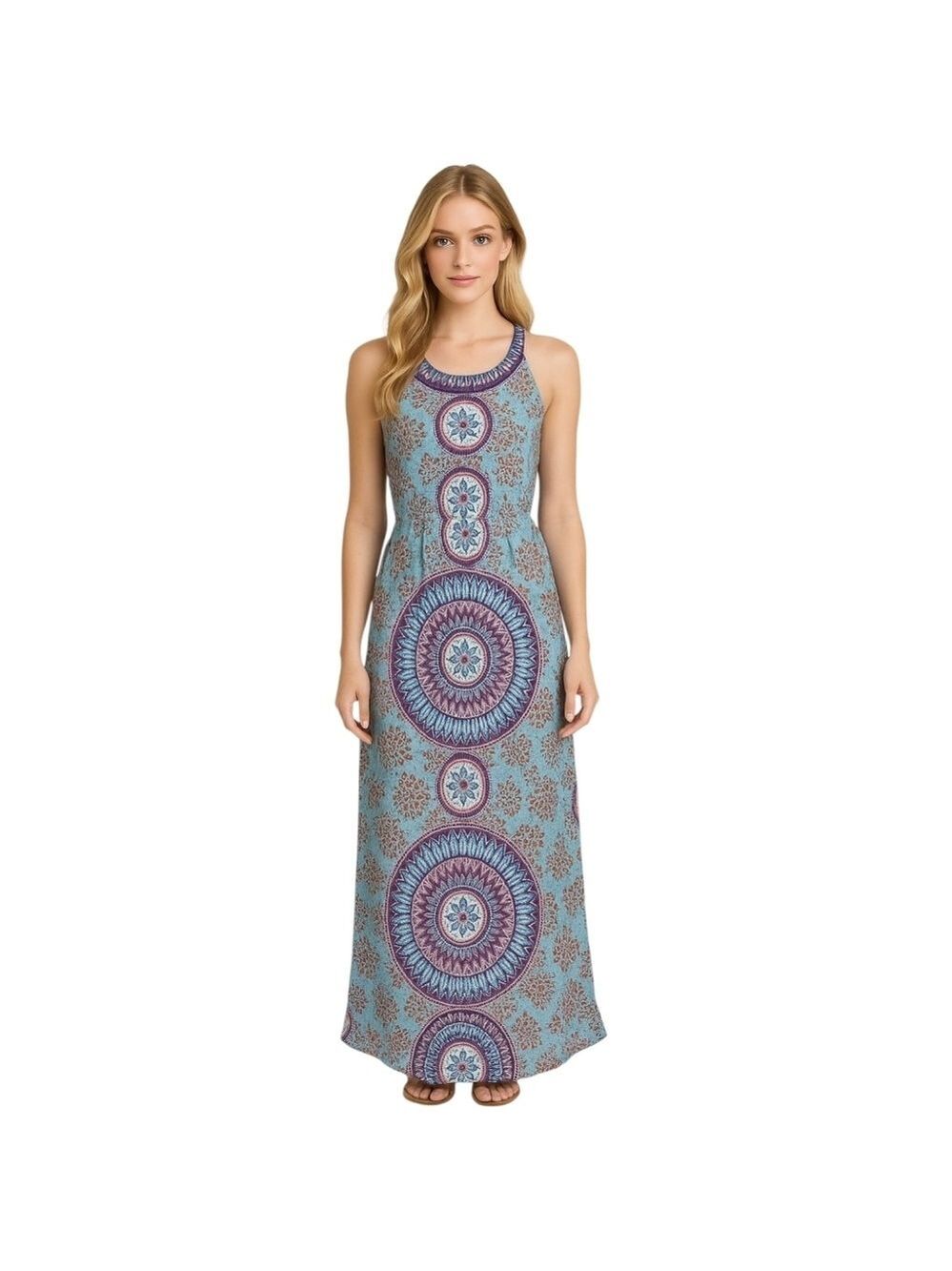 𝅺cato Blue Paisley Geometric Lined Round Neck Sleeveless Maxi Dress Size Small